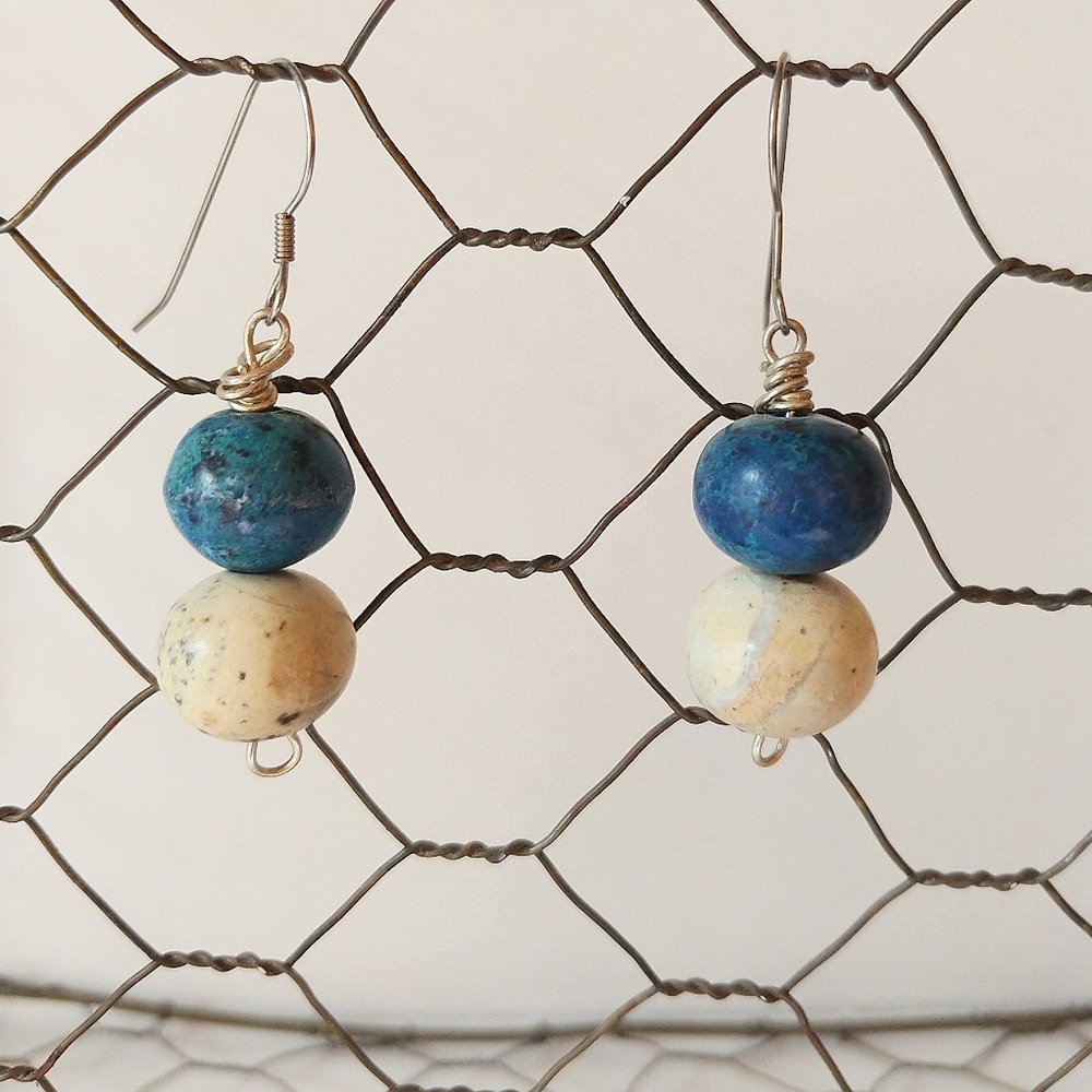 Vintage Earrings Handmade Stone Jewelry Blue White